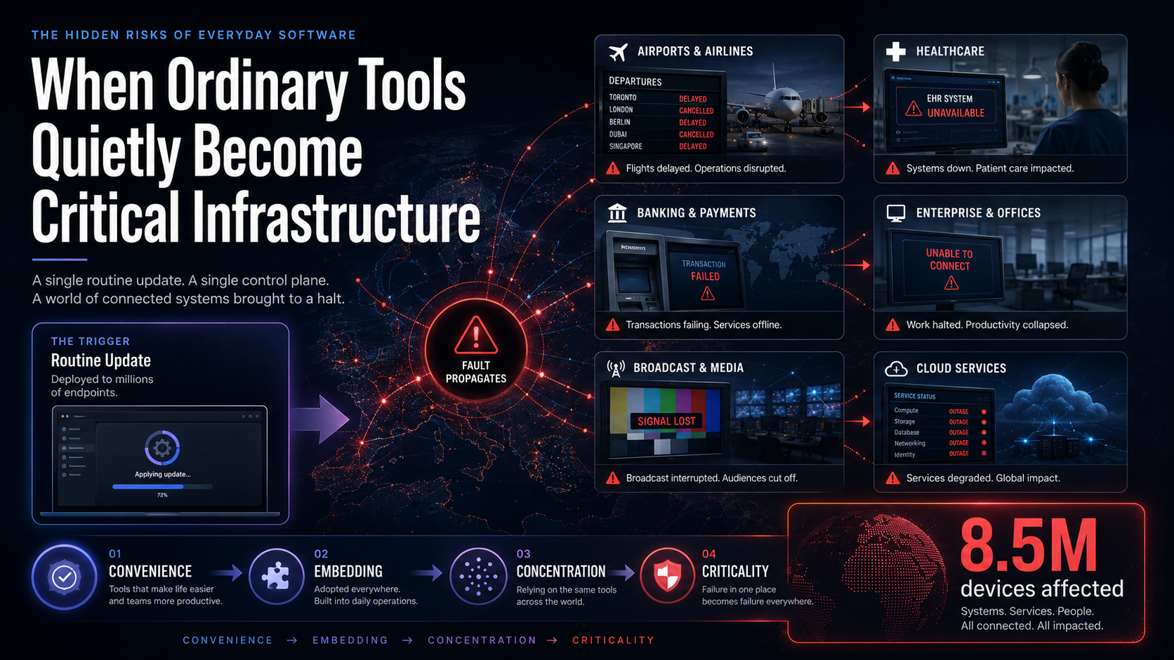 Infographic: a single routine software update propagates a fault across airports, healthcare, banking, offices, broadcast and cloud services, ending in 8.5 million affected devices, illustrating the path from convenience to embedding to concentration to criticality.