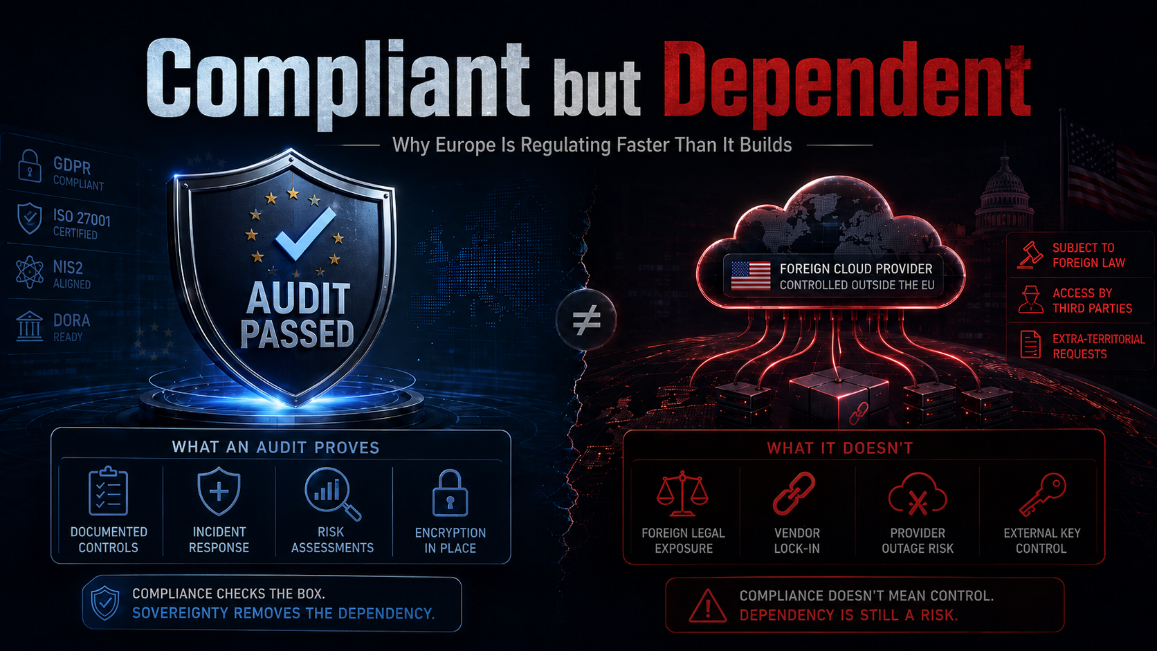 Infographic contrasting an "Audit Passed" shield with a system still wired to a foreign-controlled cloud. "What an audit proves" (documented controls, incident response, risk assessments, encryption in place) versus "what it doesn't" (foreign legal exposure, vendor lock-in, provider outage risk, external key control). Caption: compliance checks the box; sovereignty removes the dependency.