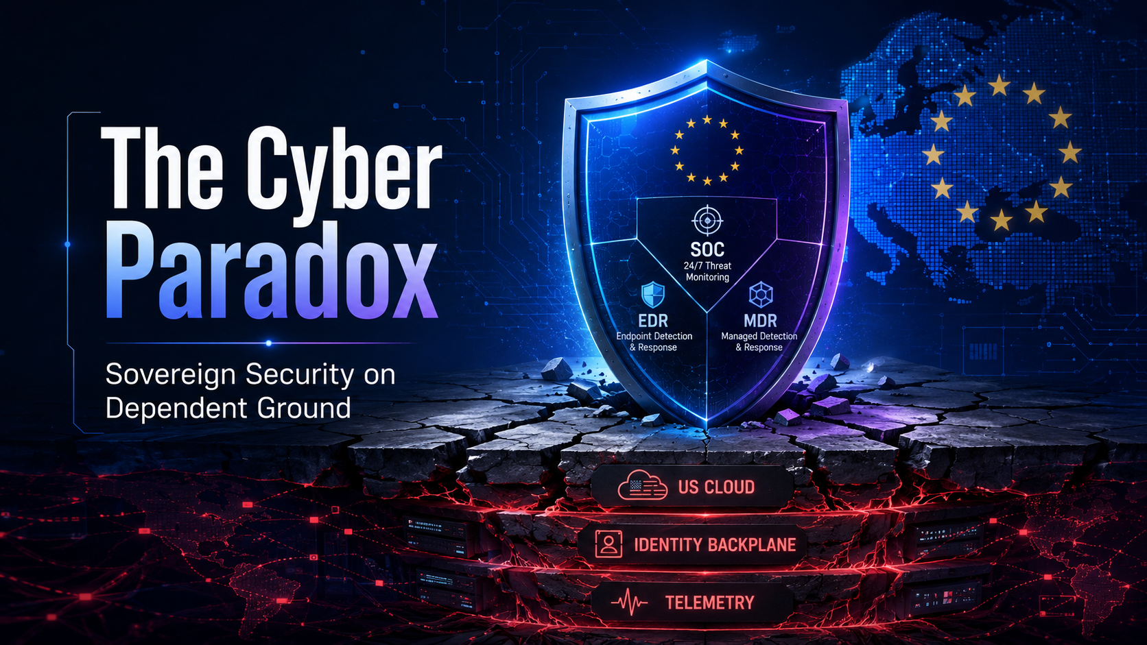 A glowing EU shield of EDR, MDR and SOC capabilities standing on cracked ground whose foundations are labelled US cloud, identity backplane, and telemetry. The shield is only as sovereign as the dependent ground beneath it.