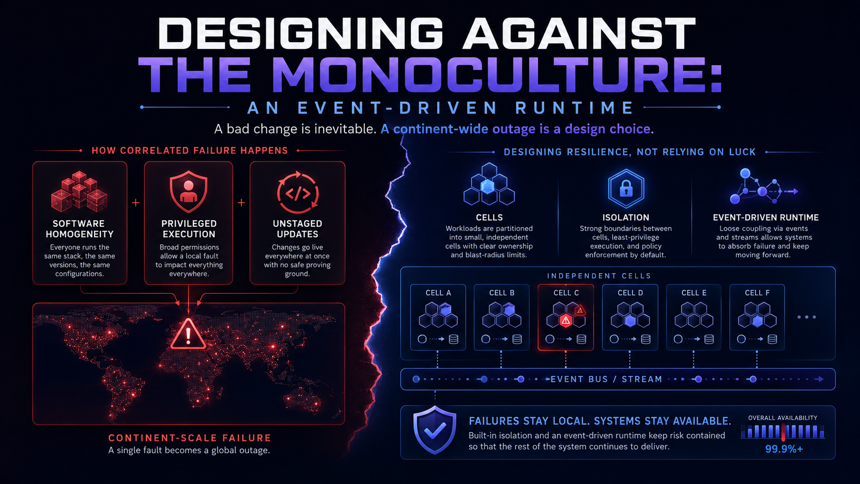 Infographic: how correlated failure happens (software homogeneity, privileged execution and unstaged updates combine into a continent-scale failure) contrasted with designing for resilience using independent cells, isolation and an event-driven runtime so failures stay local and systems stay available.