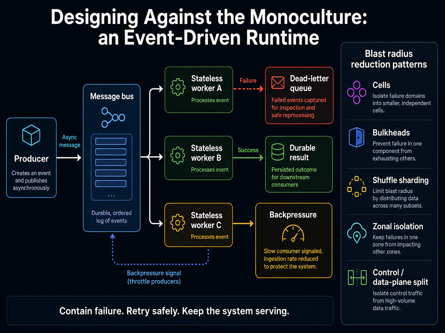 Diagram of an event-driven runtime: a producer publishes async messages to a durable, ordered message bus; stateless workers process them; a failed message is captured in a dead-letter queue for inspection; successful work becomes a persisted, durable result; and backpressure throttles producers when consumers fall behind. Alongside, blast-radius reduction patterns: cells, bulkheads, shuffle sharding, zonal isolation, and a control/data-plane split.