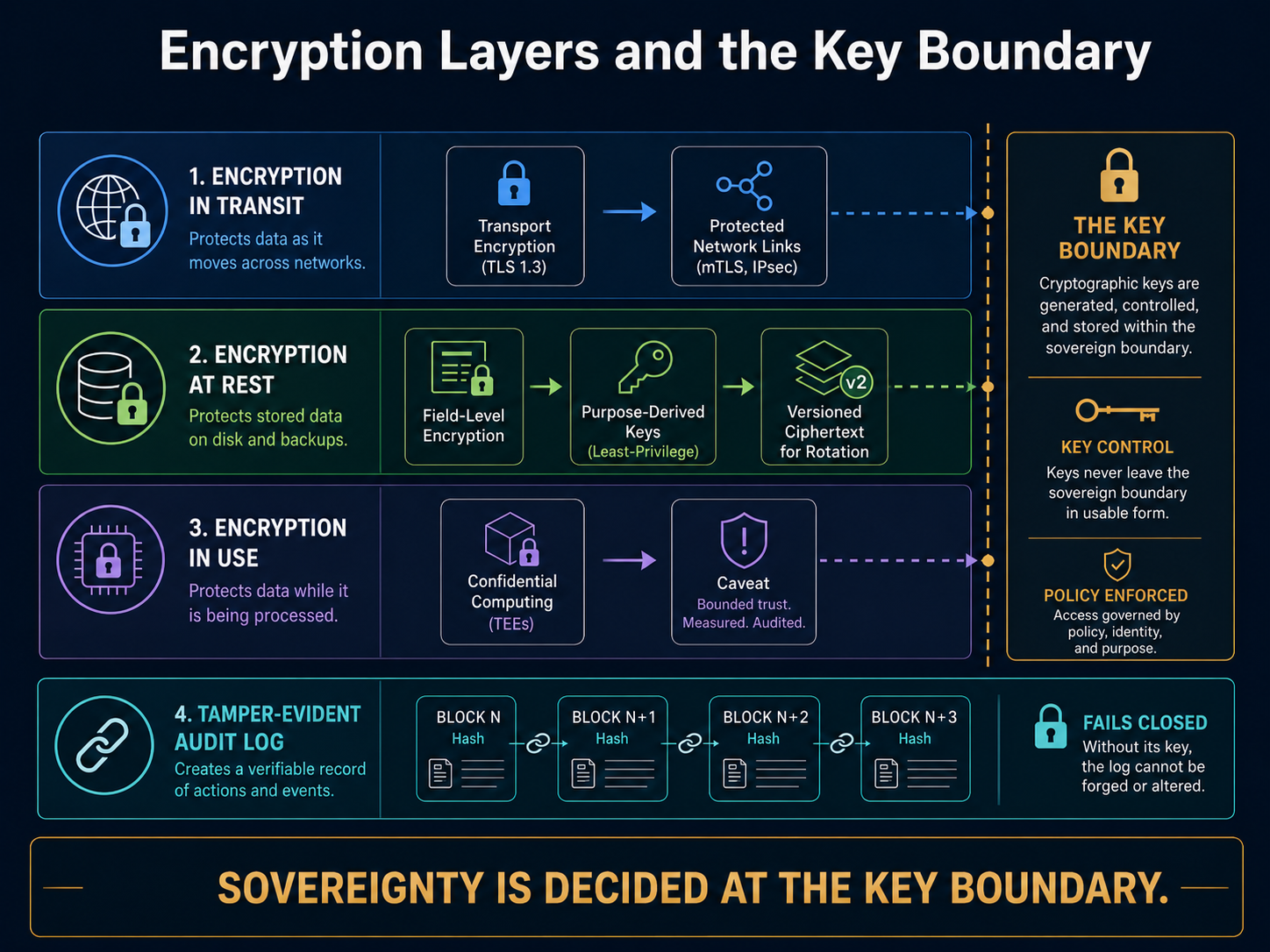 Diagram of four protection layers: (1) encryption in transit; (2) encryption at rest with field-level encryption, purpose-derived keys and versioned ciphertext for rotation; (3) encryption in use via confidential computing, with a caveat about hardware-isolation attacks; (4) a tamper-evident, hash-chained audit log that fails closed without its integrity key. A highlighted "key boundary" shows keys generated, controlled and stored in the sovereign boundary. Caption: sovereignty is decided at the key boundary.