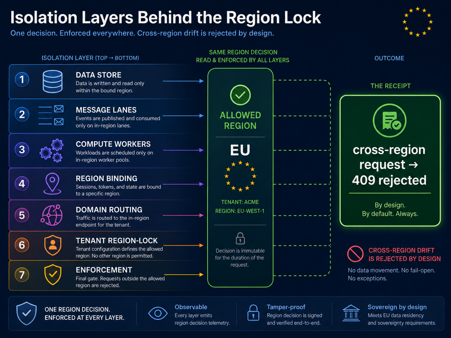 Diagram of seven isolation layers from the bottom up (data store, message lanes, compute workers, region binding, domain routing, tenant region-lock, and enforcement) all reading and enforcing the same region decision. On the right, the outcome: a cross-region request returns "409 rejected." Caption: one region decision, enforced at every layer; no data movement; the receipt that sovereignty was wired through.
