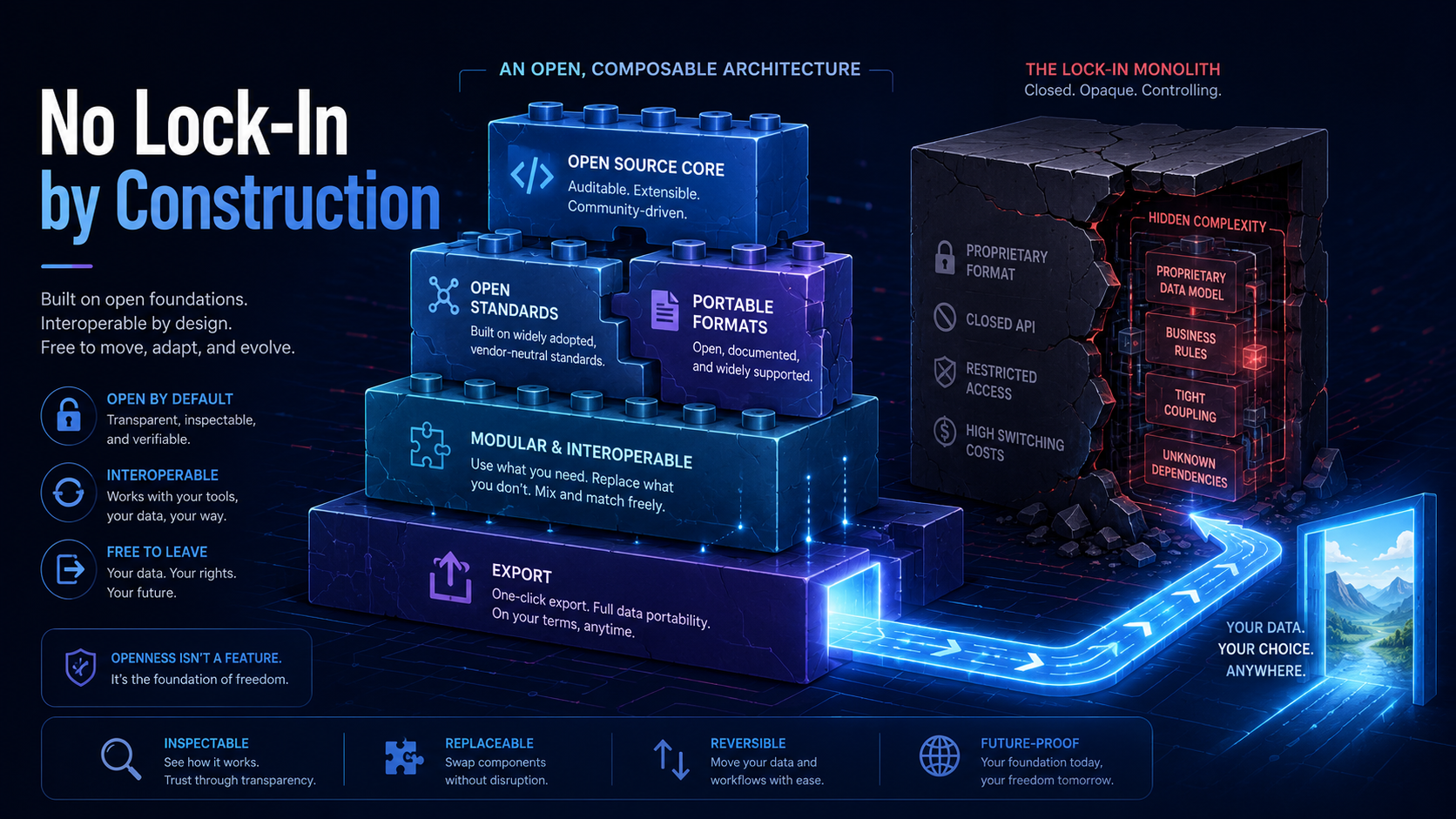 On the left, an open, composable architecture built from interlocking standard blocks (open-source core, open standards, portable formats, modular and interoperable, export) with a lit path leading out through a door. On the right, a cracked "lock-in monolith" (proprietary format, closed API, restricted access, high switching costs) hiding tight coupling and unknown dependencies. Caption: your data, your choice, anywhere.