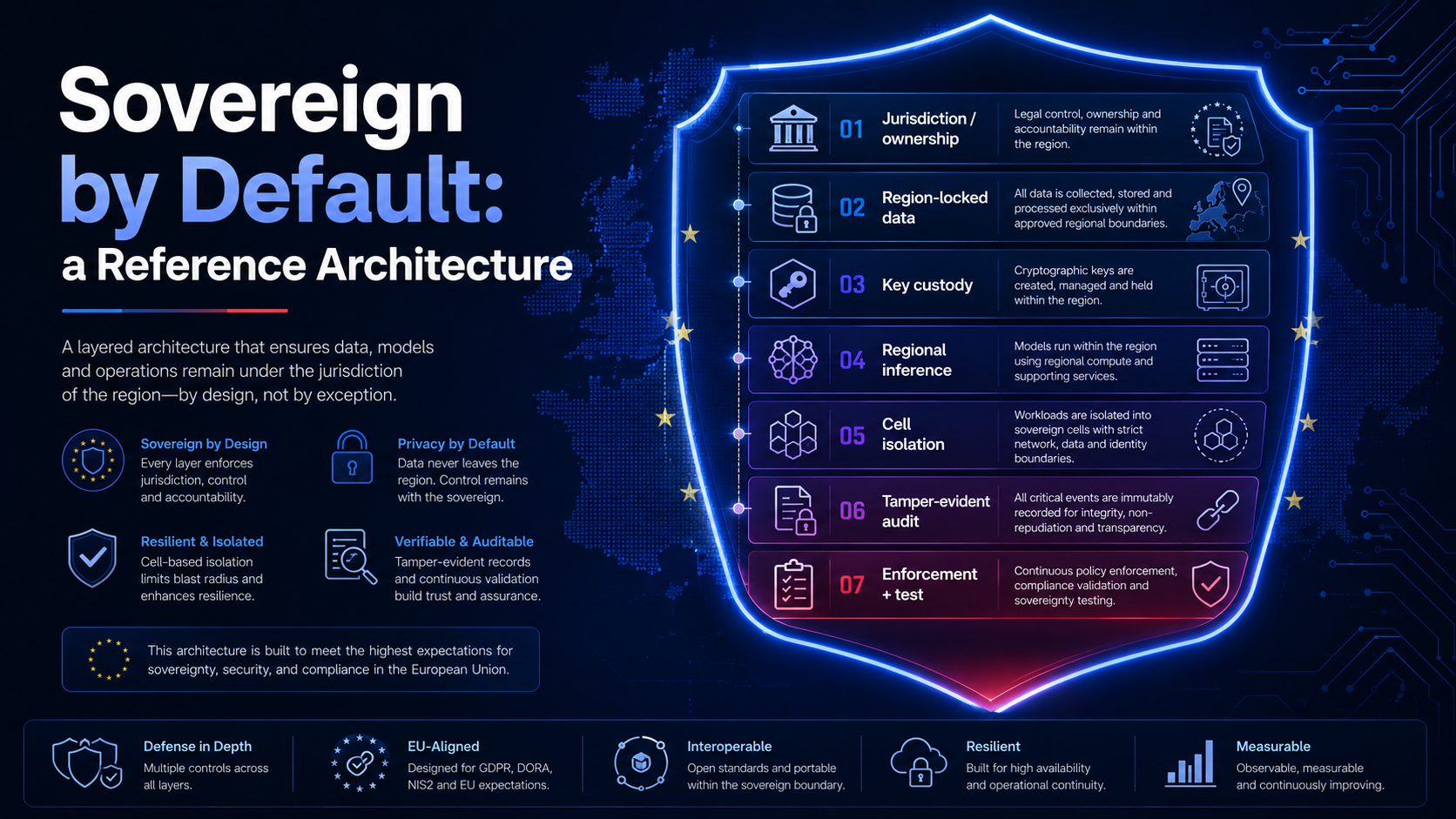 A layered reference-architecture shield inside an EU boundary, listing the seven pillars in order (jurisdiction/ownership, region-locked data, key custody, regional inference, cell isolation, tamper-evident audit, enforcement + test) with side notes on sovereign-by-design, privacy-by-default, resilience, and auditability.