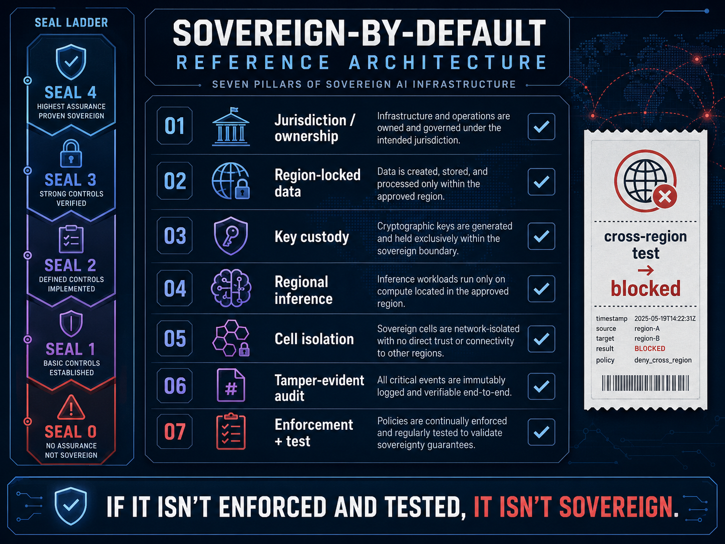 The seven pillars of a sovereign-by-default architecture as a checklist (jurisdiction/ownership, region-locked data, key custody, regional inference, cell isolation, tamper-evident audit, enforcement + test) beside the SEAL 0–4 assurance ladder and a "cross-region test → blocked" receipt. Caption: if it isn't enforced and tested, it isn't sovereign.