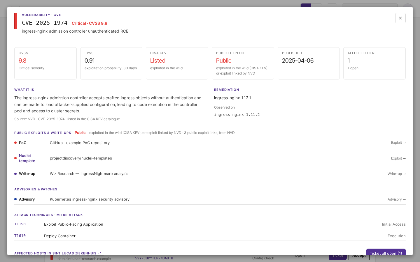 A critical finding opened, with its CVSS, EPSS, KEV and exploit tiles and its remediation