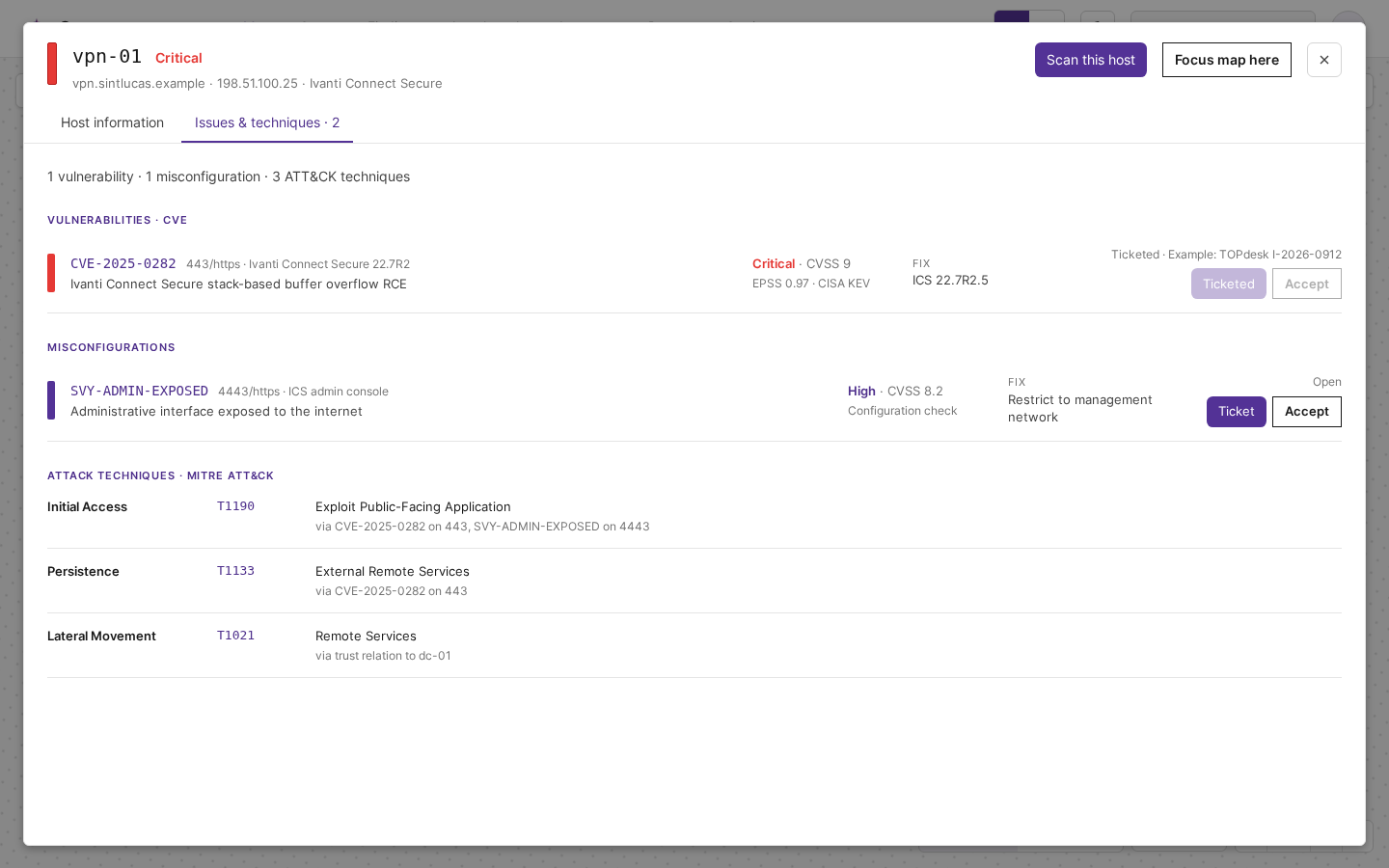 The Issues & techniques tab of a host, listing its vulnerabilities, misconfigurations and attack techniques