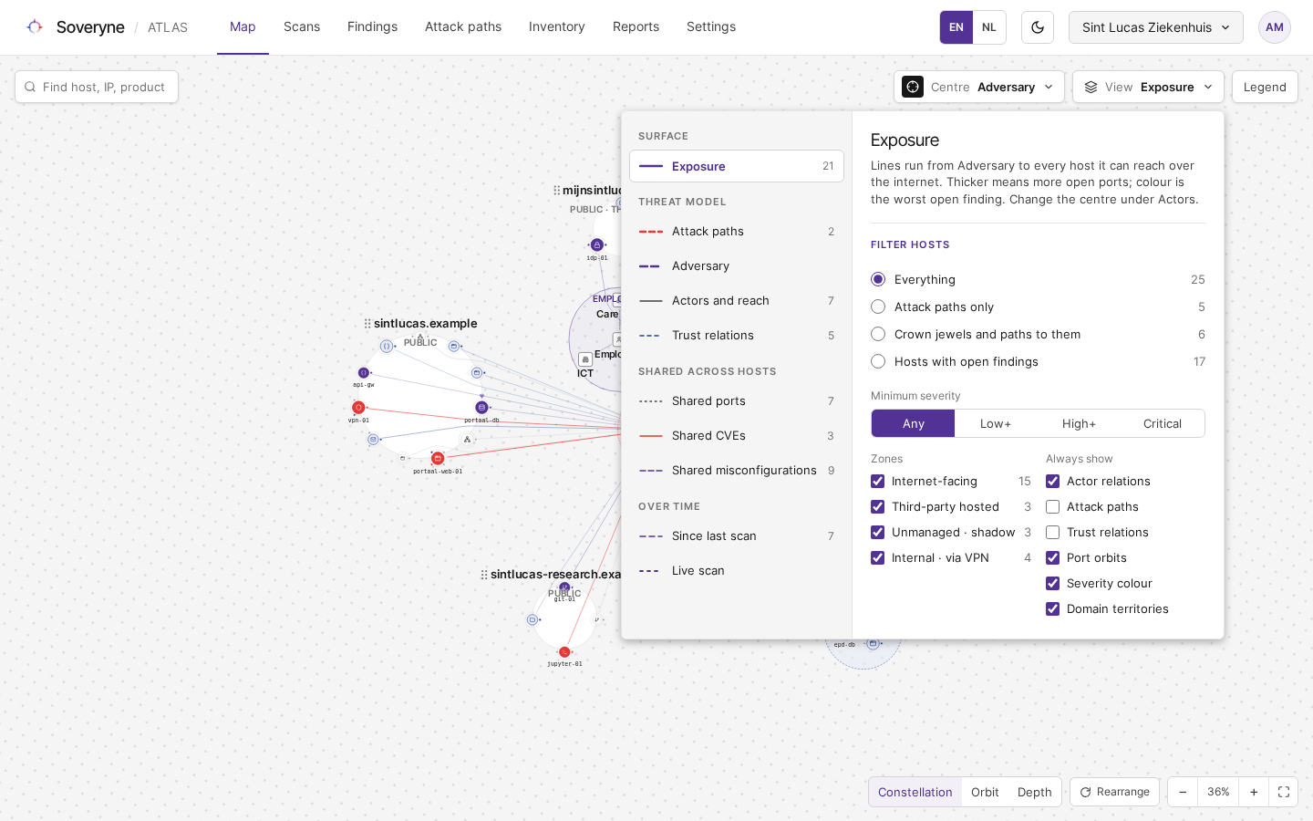 The View menu open on the Map, listing the views and the host filters