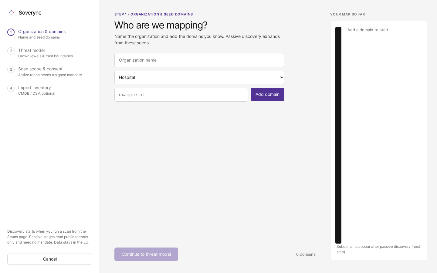 Step 1 of the Add organization wizard, with fields for the organisation name, its kind and its domains