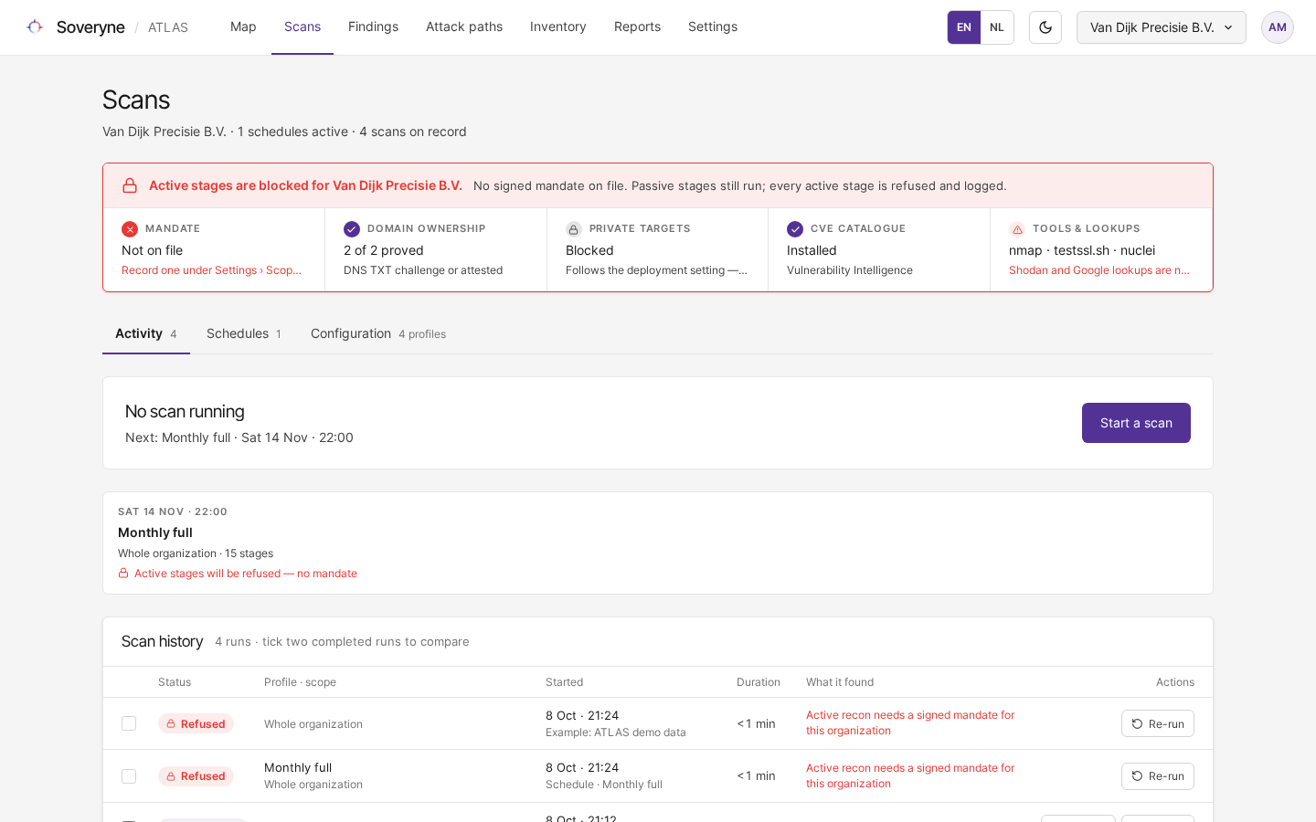 The Scans page of an organisation without a mandate, with the gate strip reading Active stages are blocked