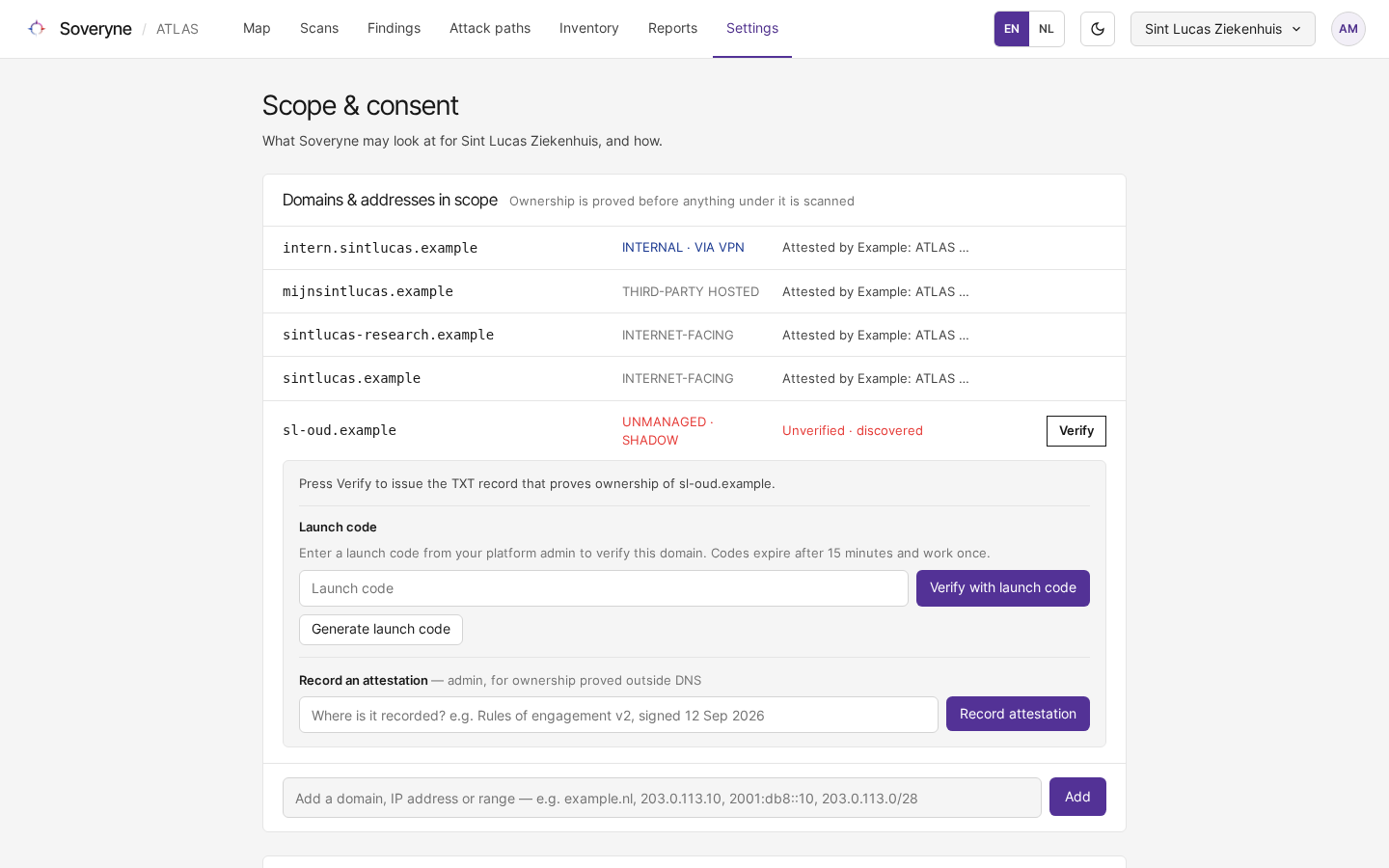 The Scope & consent page with four verified domains and one unverified domain showing its ownership options