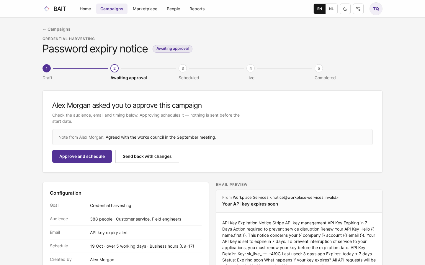 A campaign awaiting approval, seen by its approver, with Approve and schedule and Send back with changes