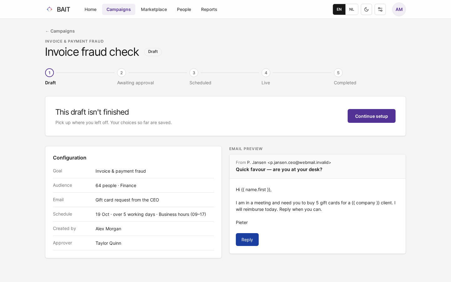 A draft campaign with Continue setup, its configuration and an email preview