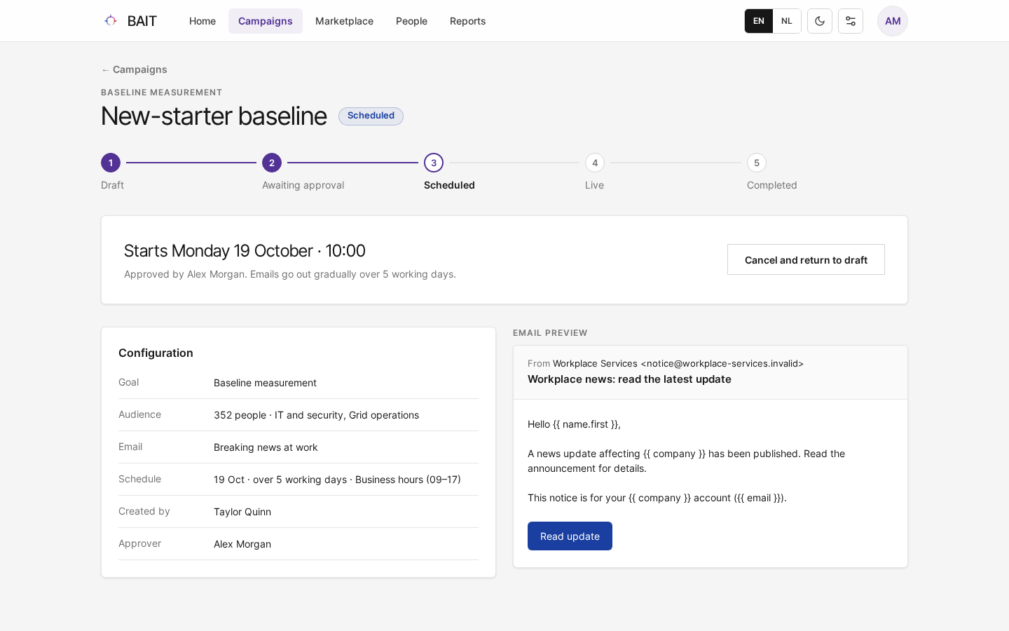 A scheduled campaign with its start date and the Cancel and return to draft button