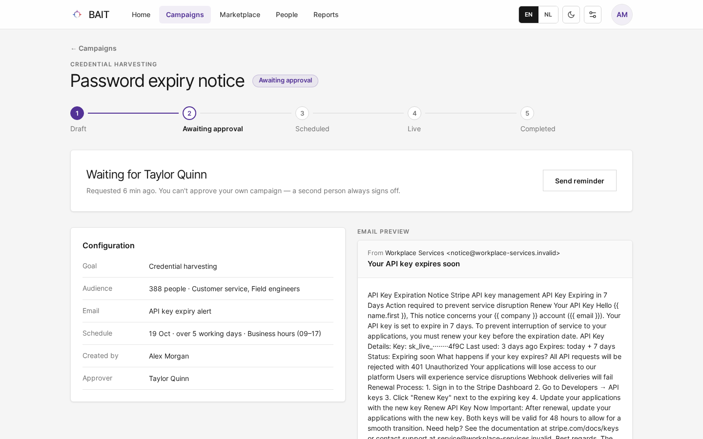 A campaign awaiting approval, seen by its author, waiting for the approver