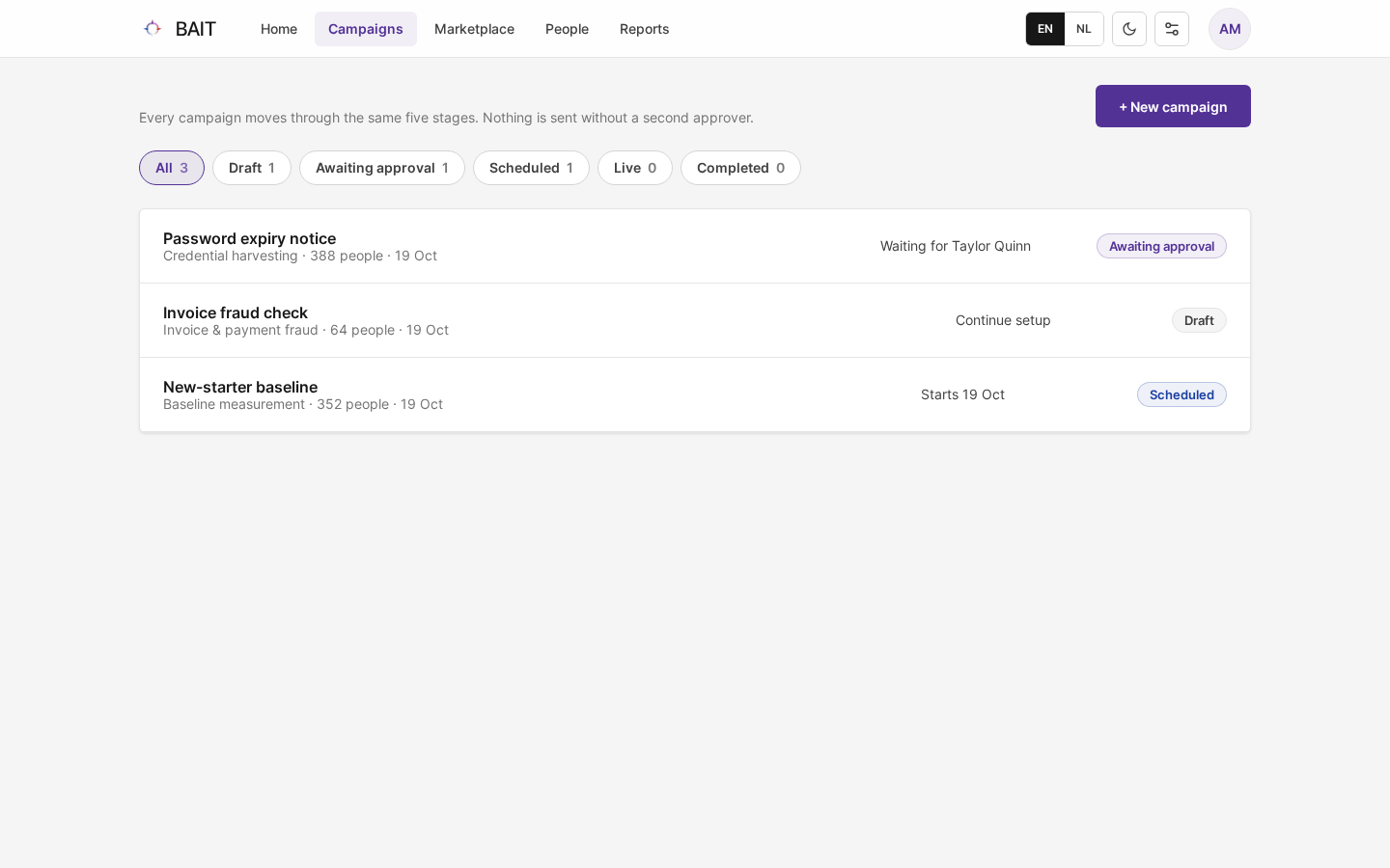 The Campaigns page with one draft, one campaign awaiting approval and one scheduled campaign