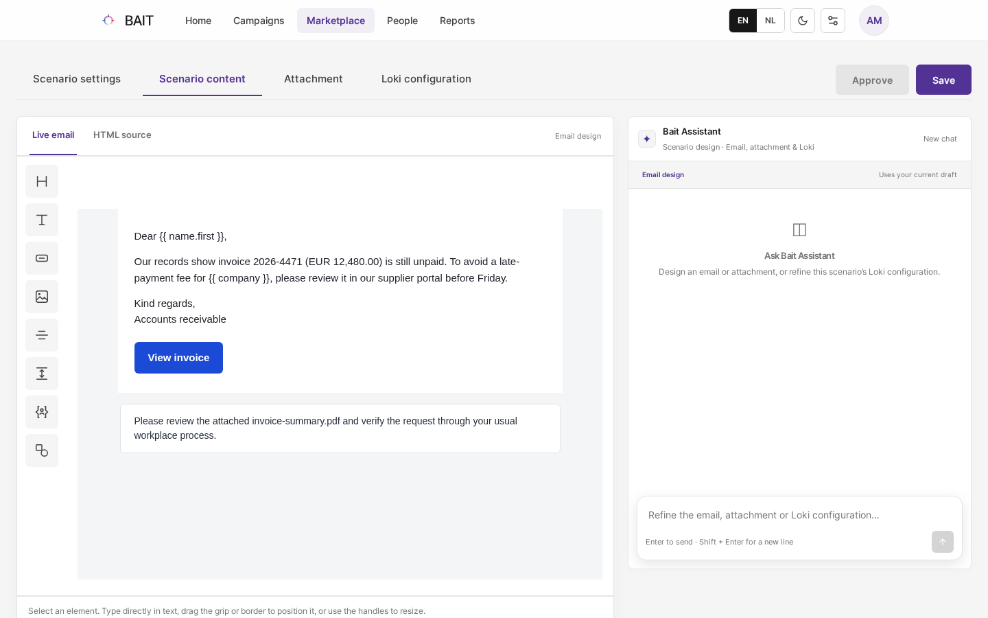 The Scenario content tab with the visual email designer