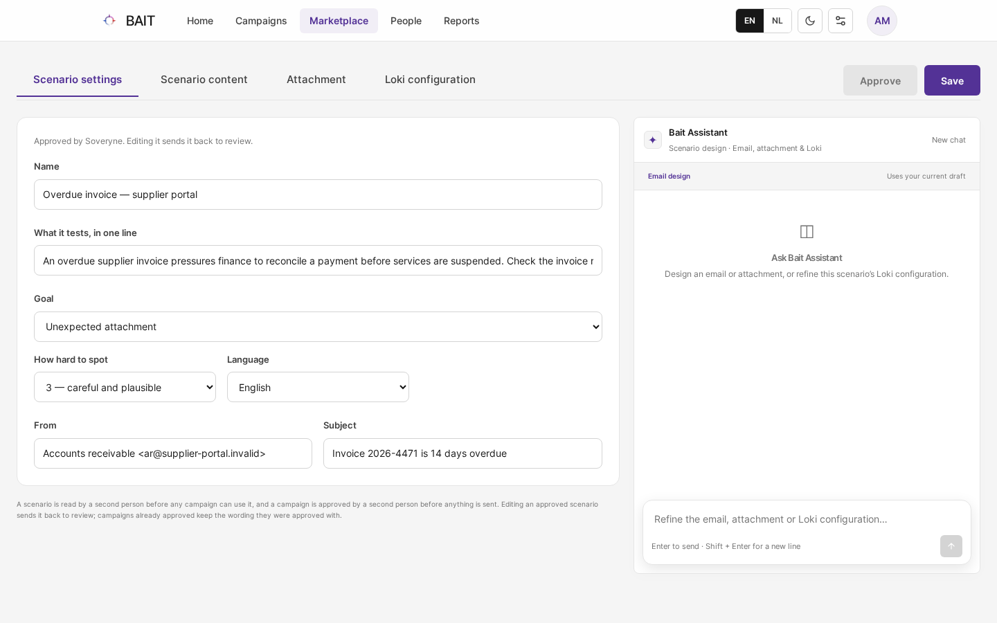 The Scenario settings tab with name, description, goal, difficulty, language, sender and subject