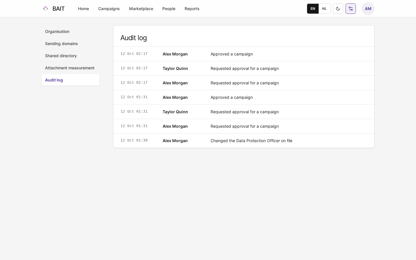 Settings › Audit log listing recent actions with their time and the person who took them