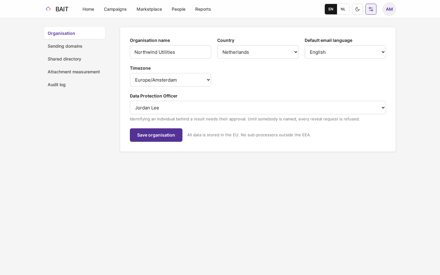 Settings › Organisation with the organisation name, country, default email language, timezone and Data Protection Officer