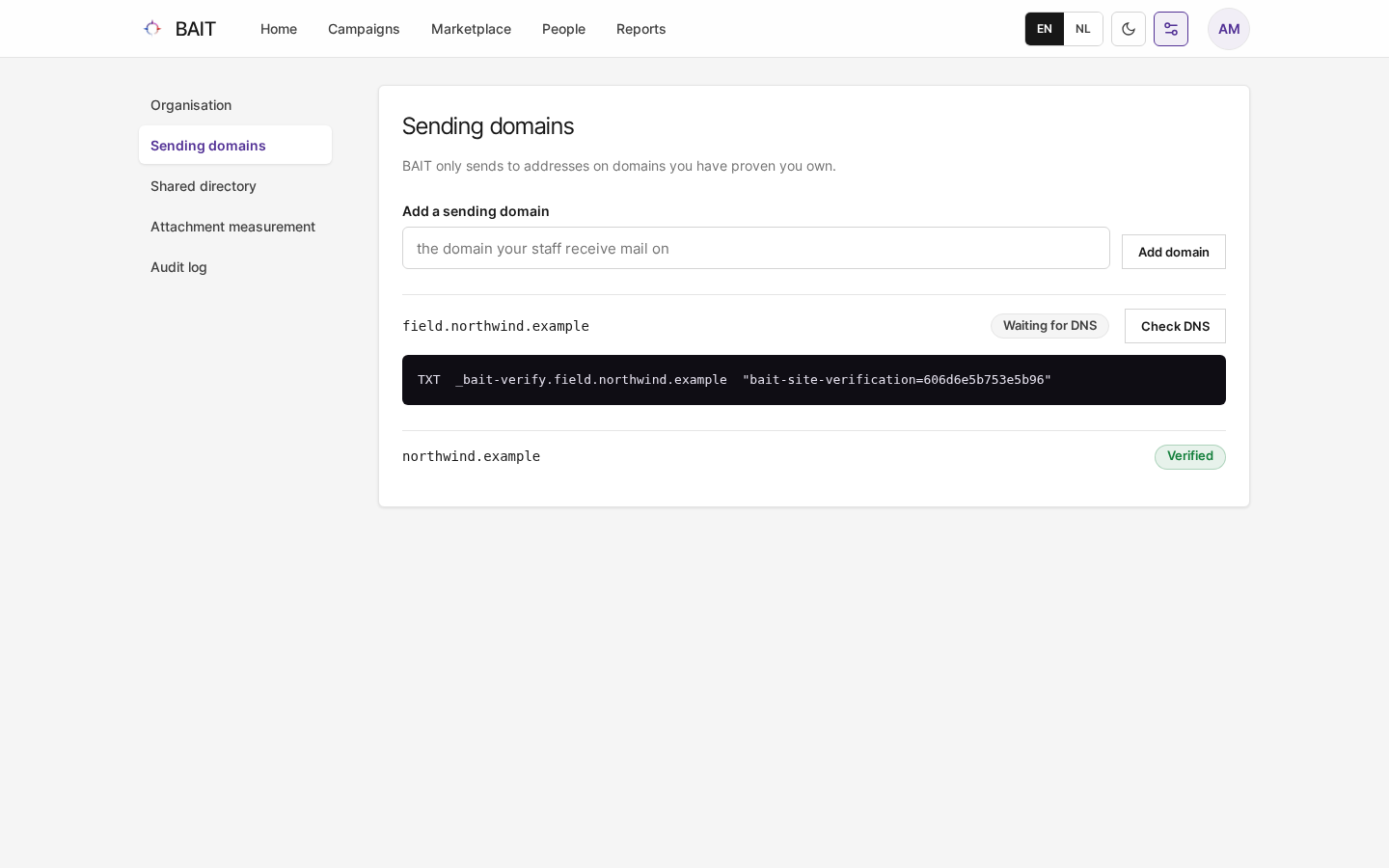 Settings › Sending domains with one verified domain and one waiting for its DNS record, with the record to publish