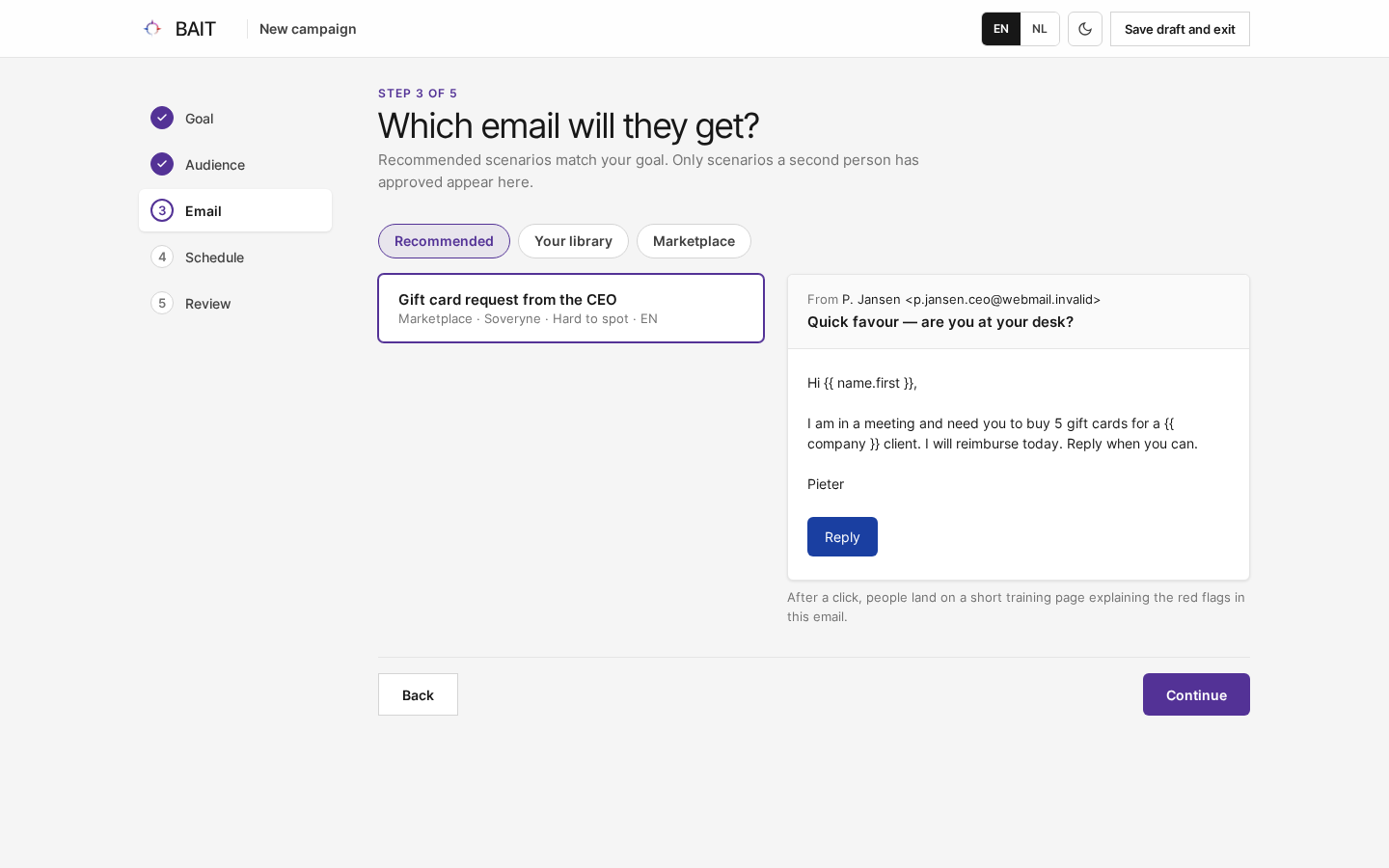 Step 3 of the wizard with recommended scenarios and a preview of the chosen email