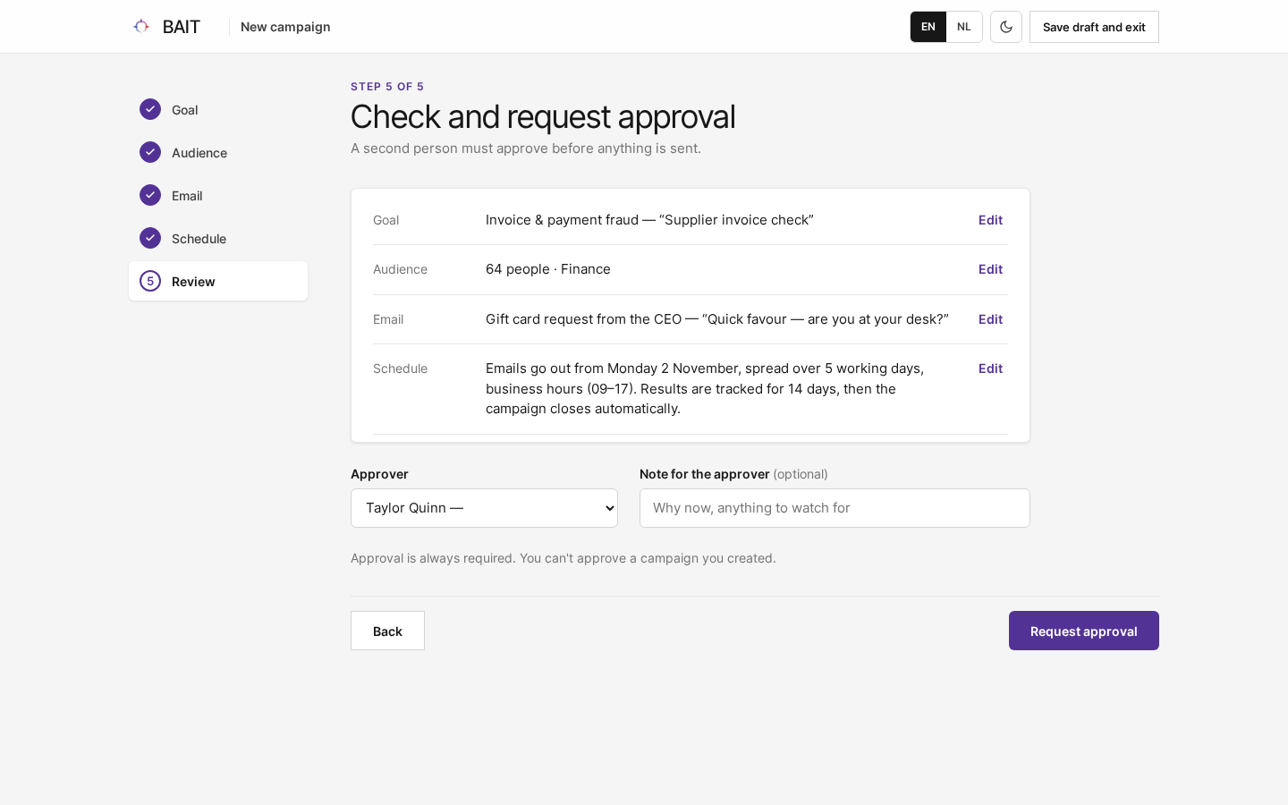Step 5 of the wizard with the summary, the approver and the note for the approver