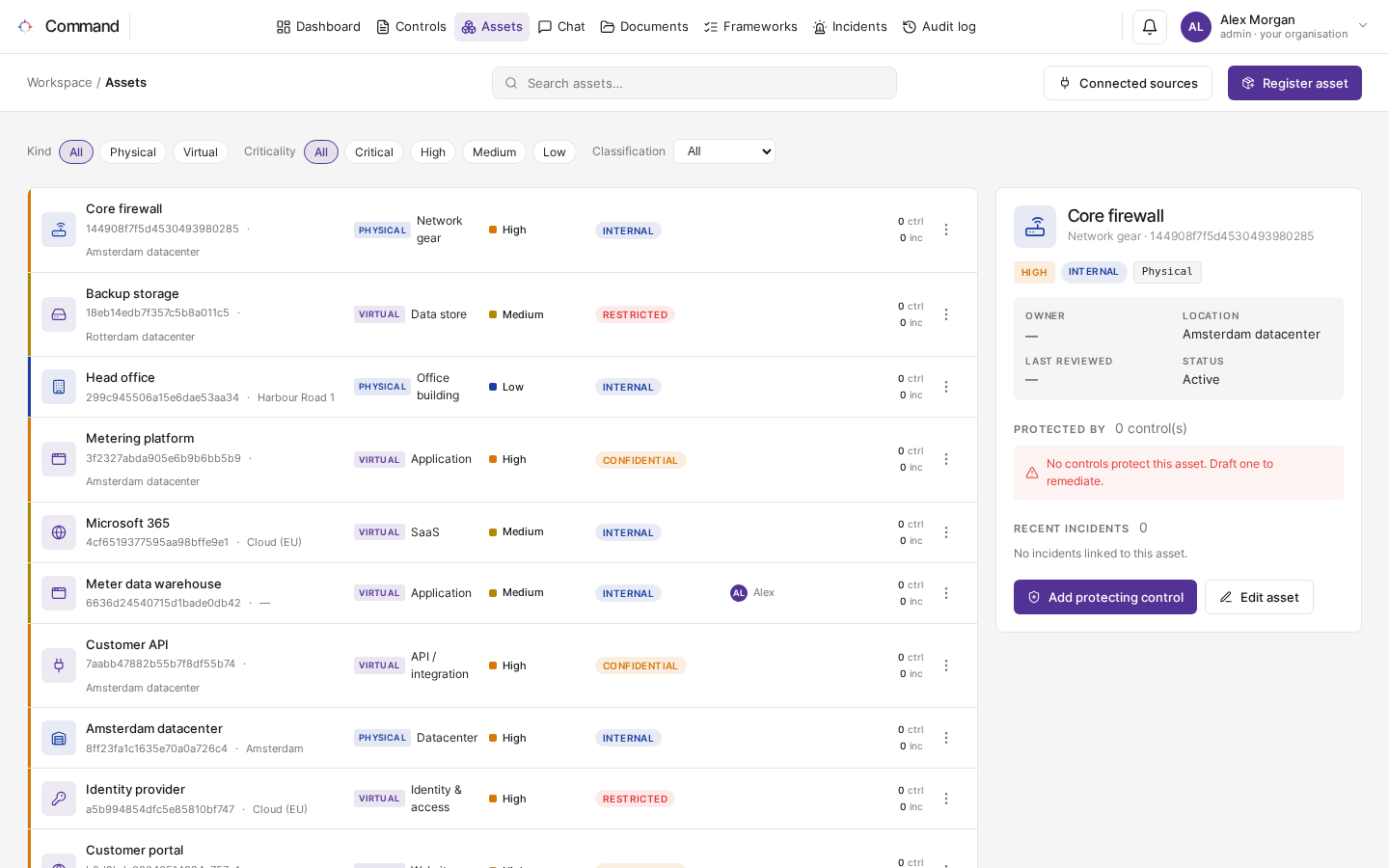 The Assets page with the asset register and the details of one asset