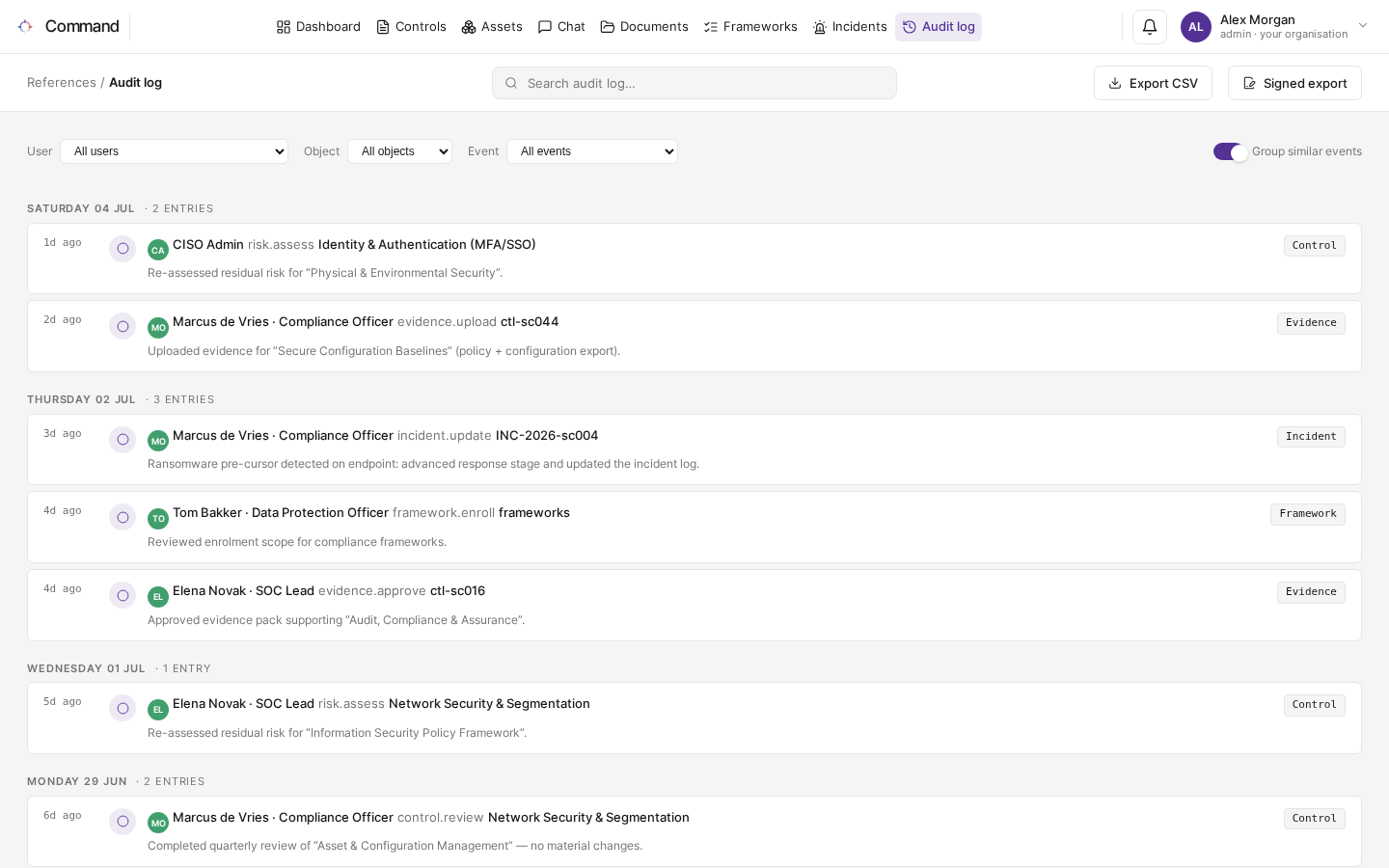 The Audit log with control and incident events grouped by day