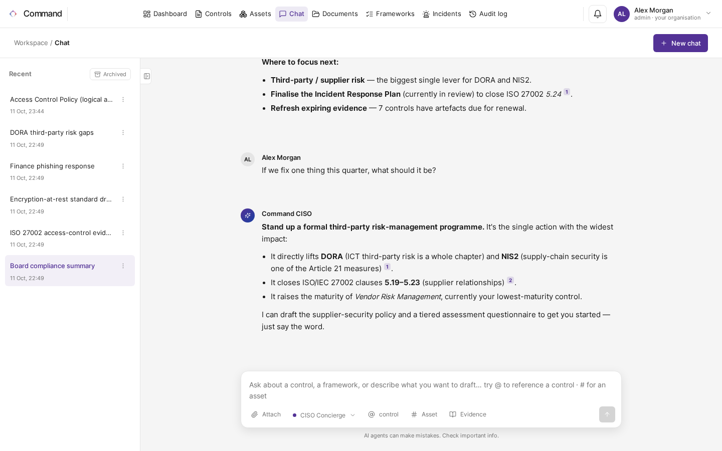 The Chat page with a conversation and an answer that cites its sources