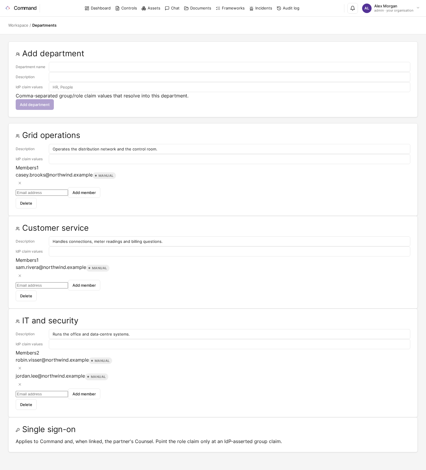 The Departments page with departments, their members and the single sign-on settings