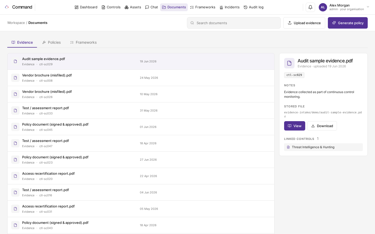 The Evidence tab with evidence files and the details of one file