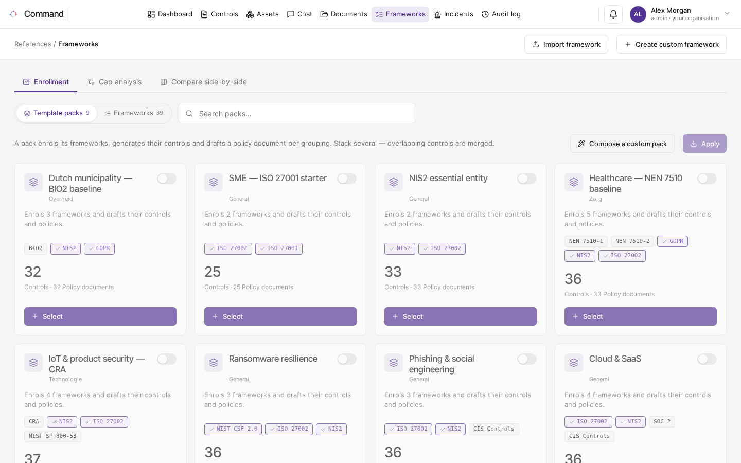 The Frameworks page with the template packs