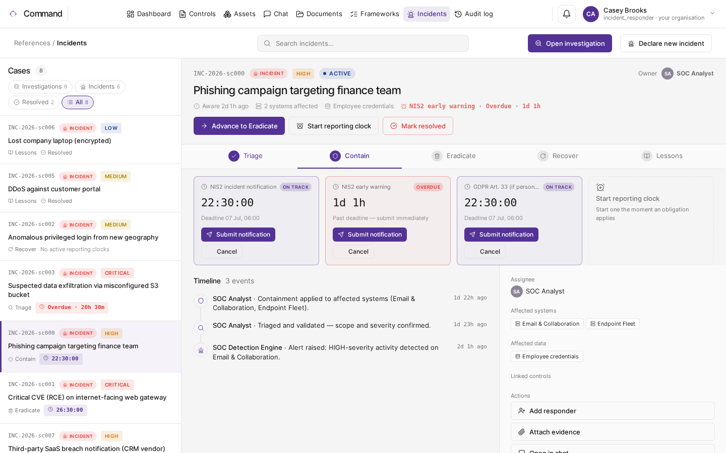 An incident open with its stages, reporting clocks and timeline
