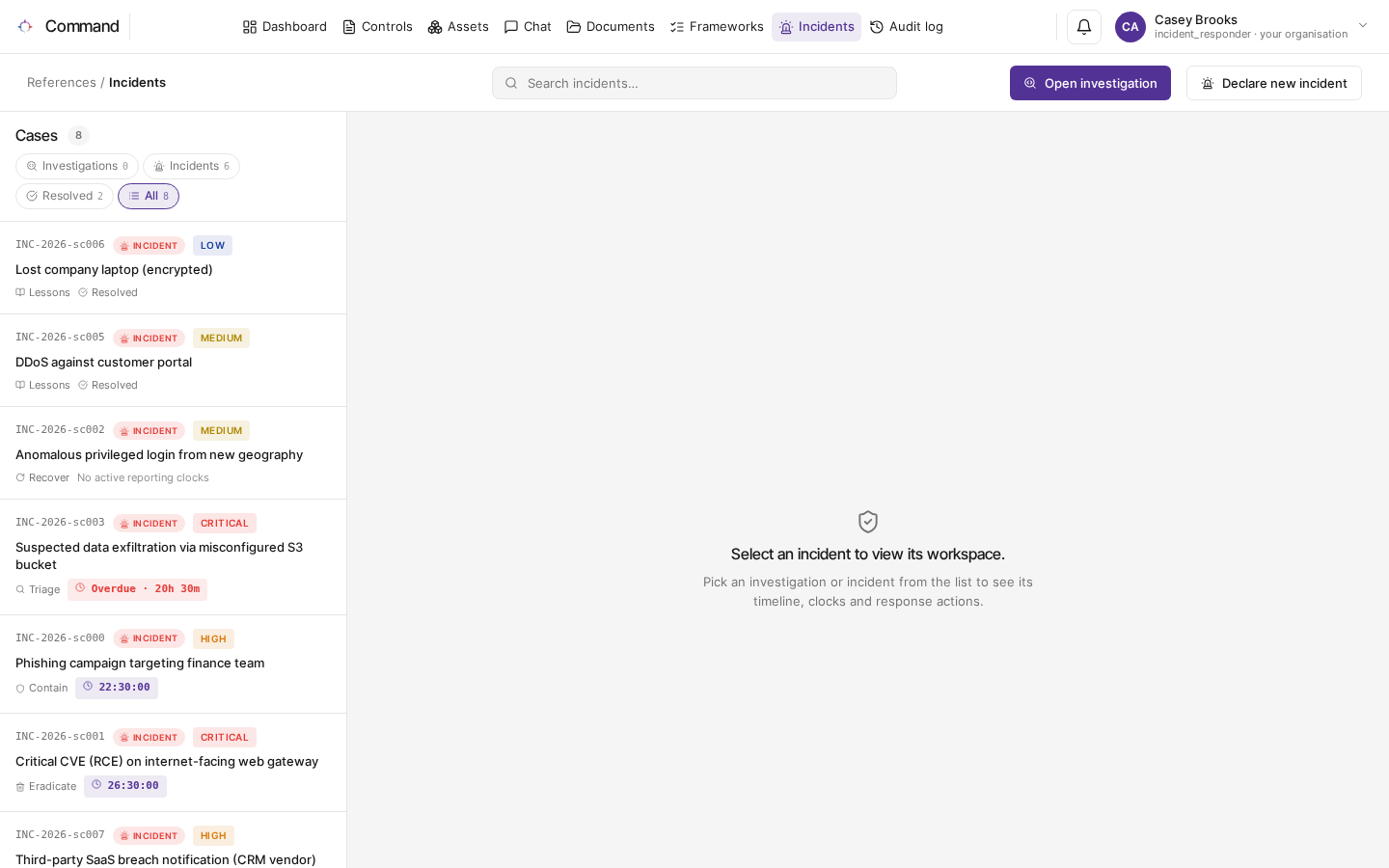 The Incidents page with a list of cases and their reporting deadlines
