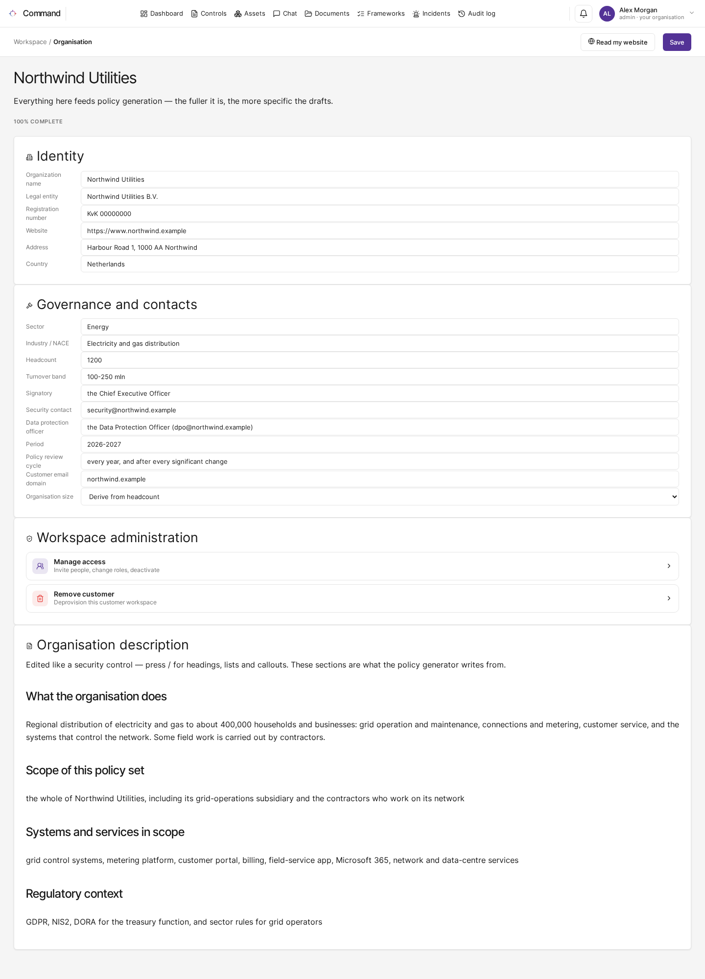 The Organisation page with the identity and governance cards and the organisation description