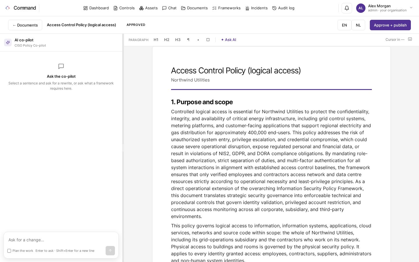 A policy document open in the policy editor, with the AI co-pilot on the left