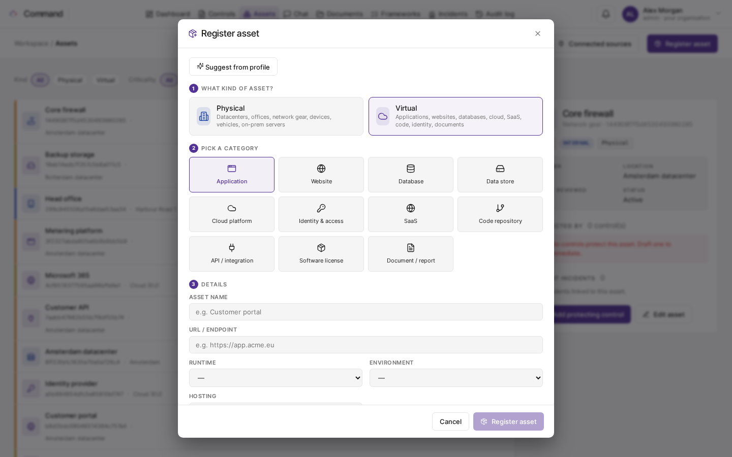 The Register asset window with the kind, category and details steps