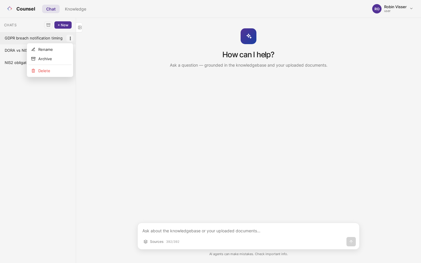 The Chats list with the More actions menu open, showing Rename, Archive and Delete