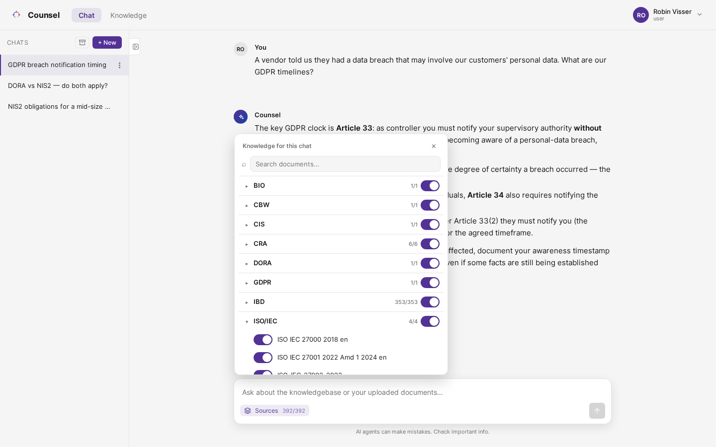 The Knowledge for this chat panel with a framework family expanded