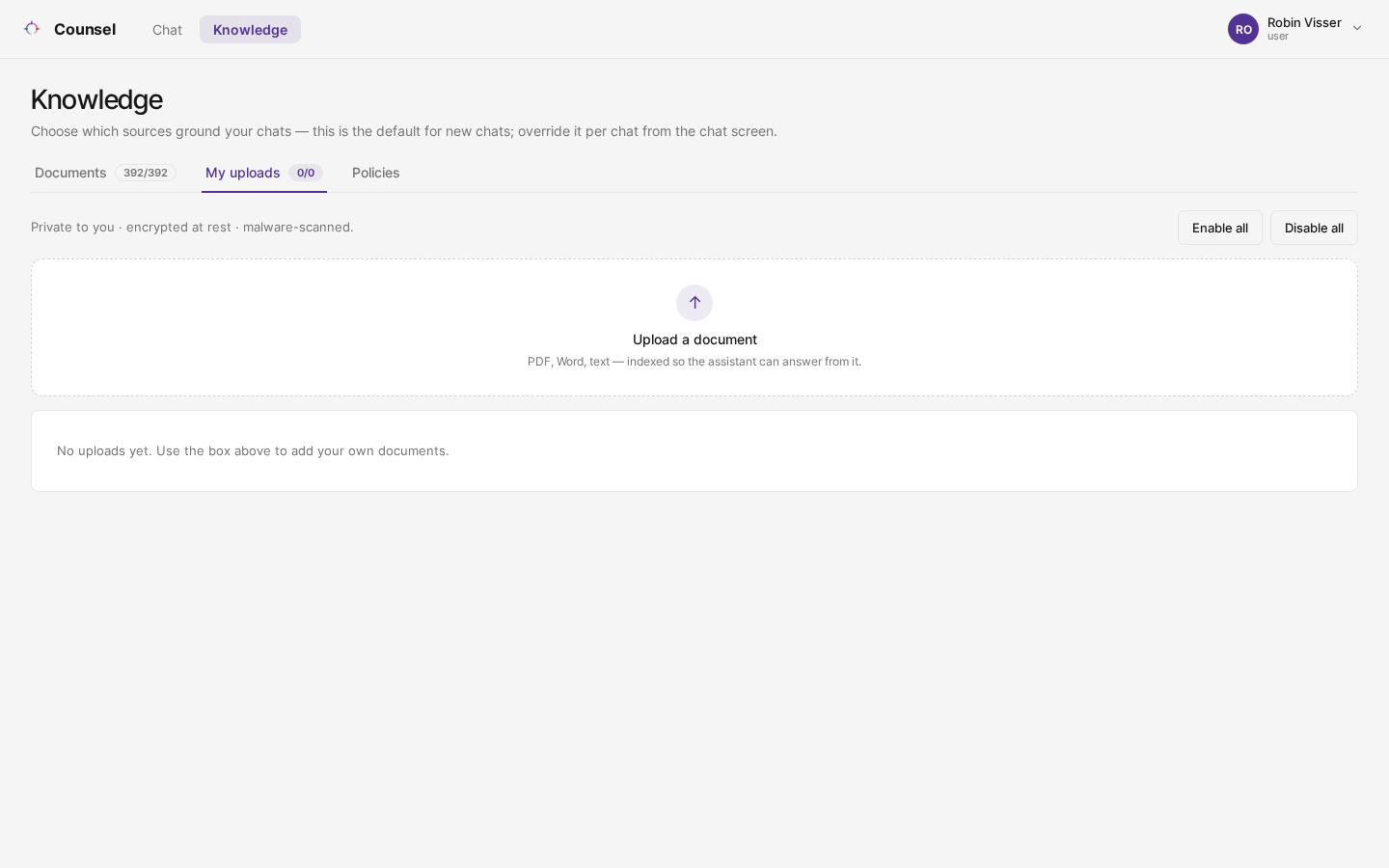 The My uploads tab with the upload box and a list of uploaded documents