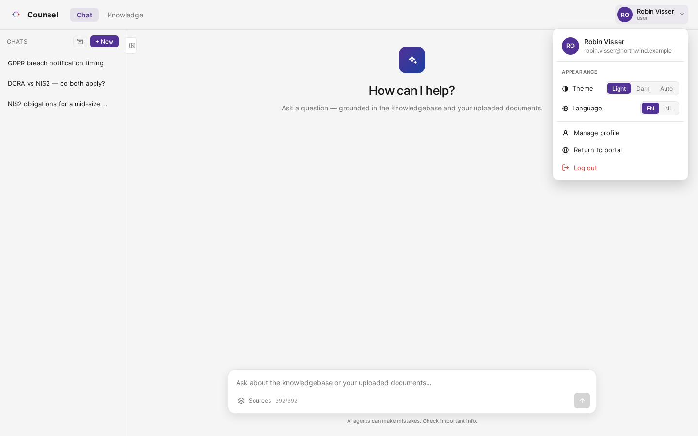 The profile menu with the Appearance, Manage profile, Return to portal and Log out options