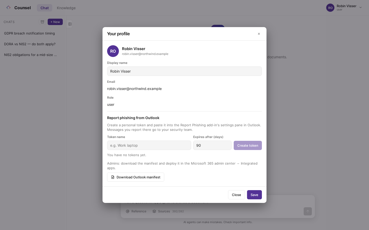 The Report phishing from Outlook card in Your profile, with the Create token form
