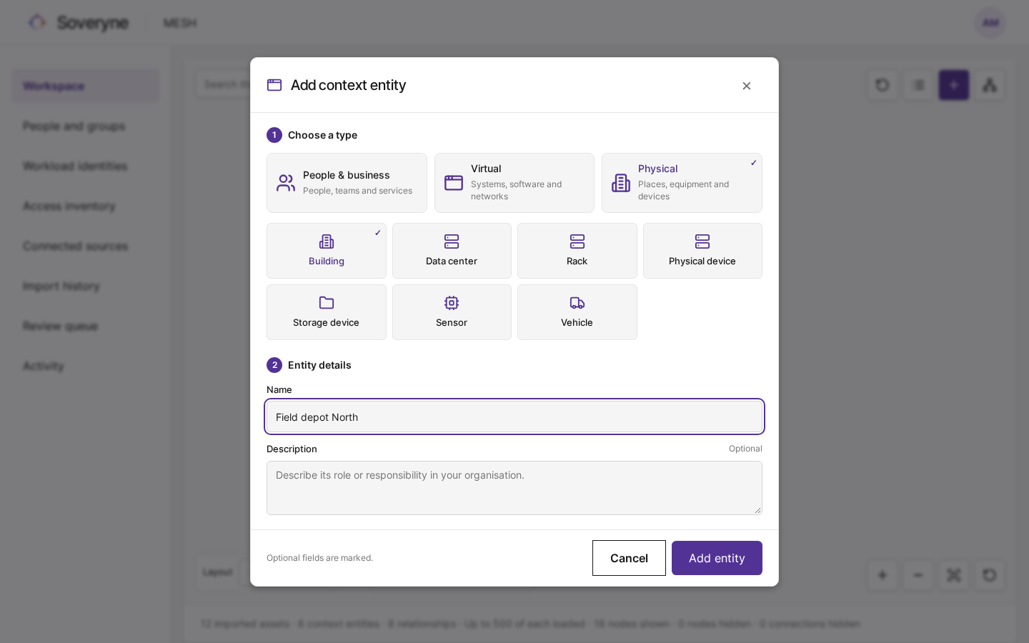 The Add context entity window with the Physical category and the Building type selected