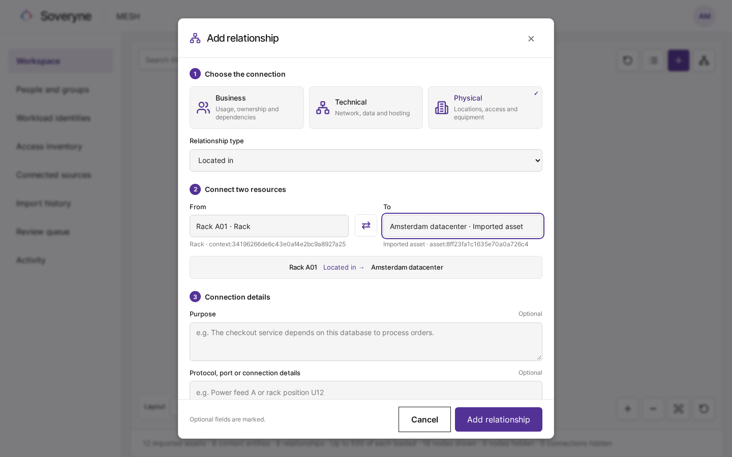 The Add relationship window with a physical Located in relationship and its preview