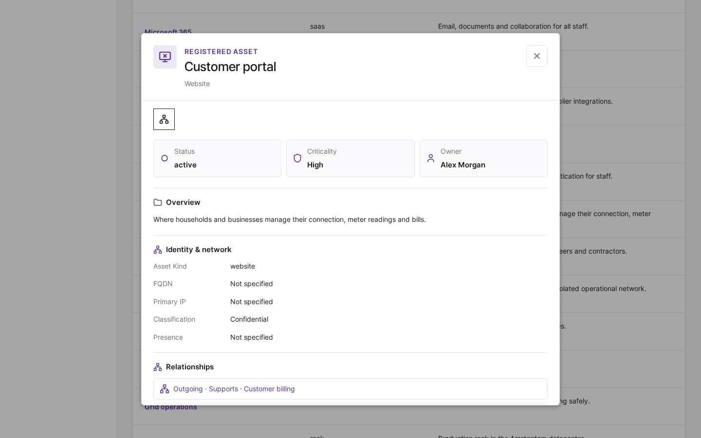 An asset record with its overview, identity and relationships