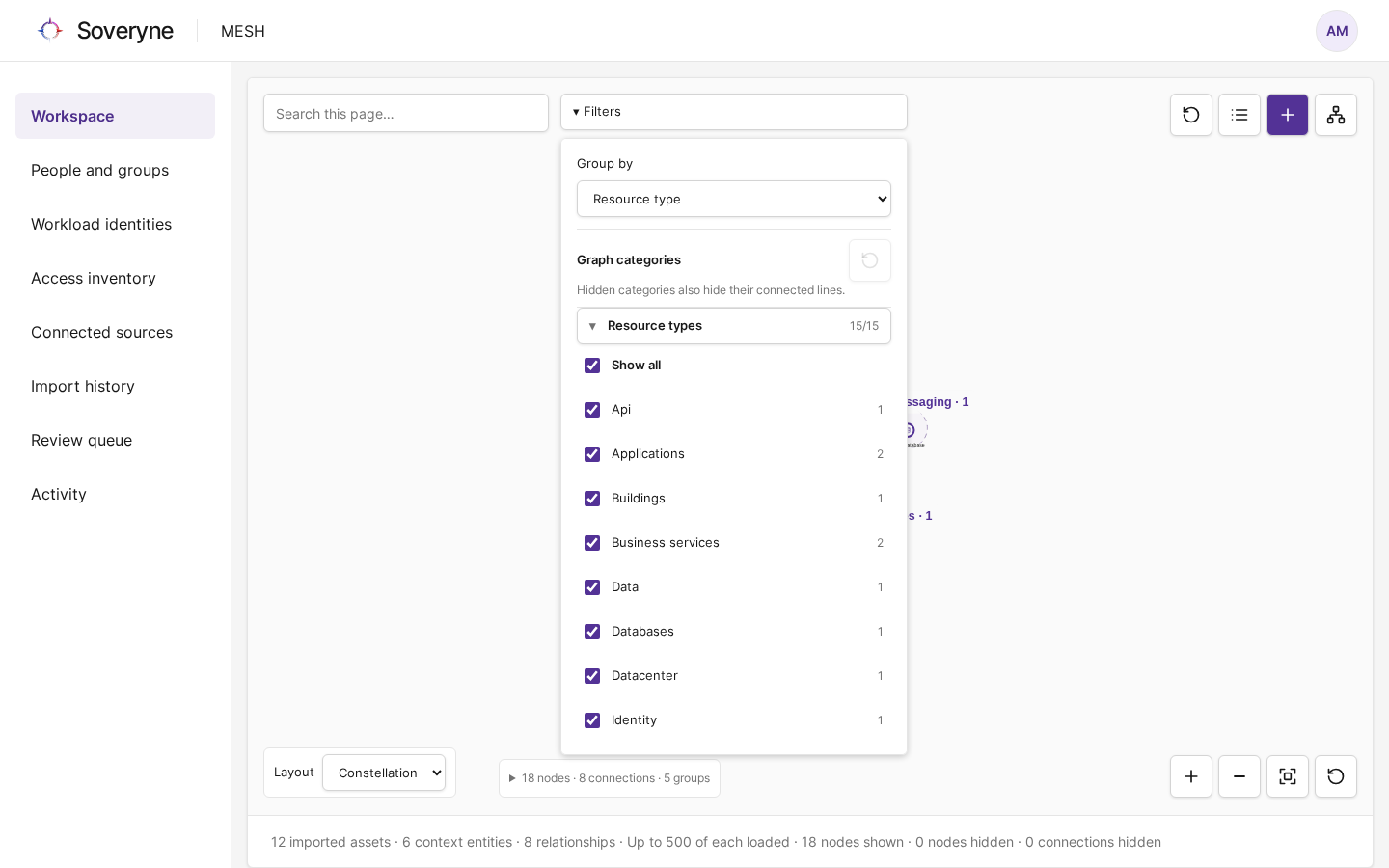 The Filters panel with Group by, resource types and relationship types