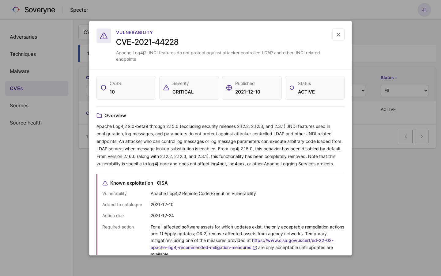 The record of CVE-2021-44228 with its scores, exploitation notice and assessments