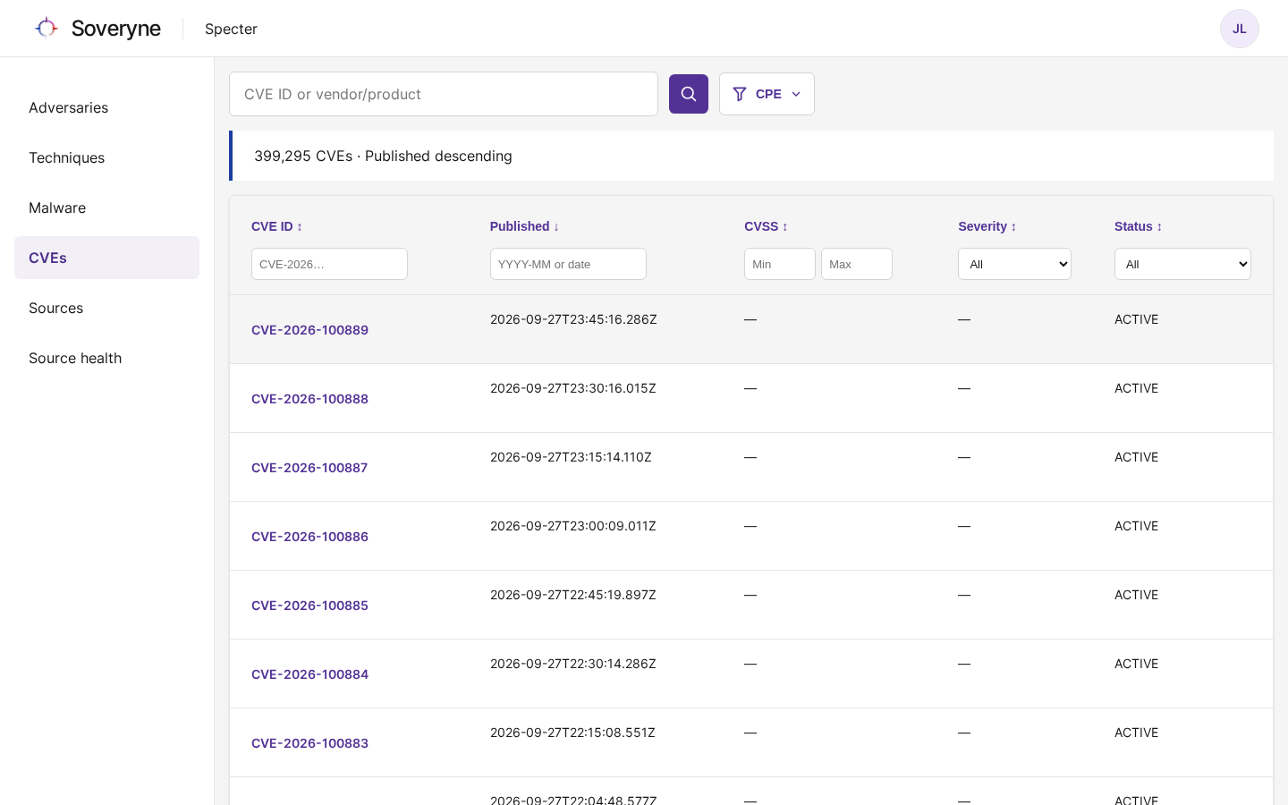 The CVEs page listing the catalogue, newest published first